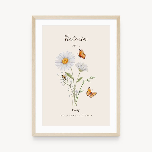 Póster de Flor del Mes de Nacimiento Daisy (Example of daisy birth flower poster once framed. )