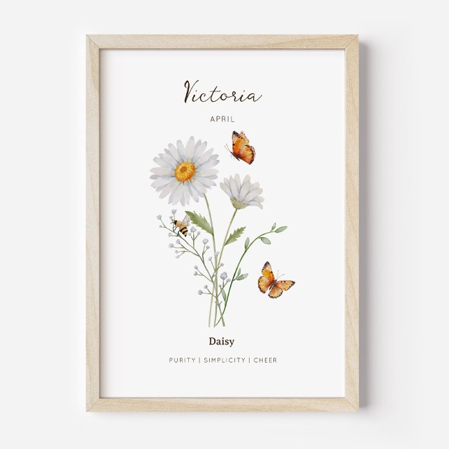 Póster de Flor del Mes de Nacimiento Daisy (Example of daisy birth flower poster once framed. )