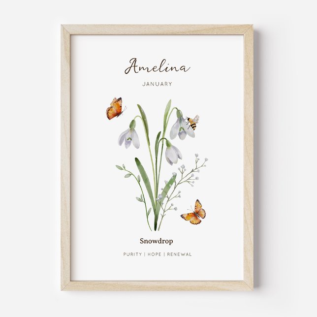 Póster de Flor del Mes de Nacimiento de la Campani (Example of snowdrop birth flower poster once framed. )
