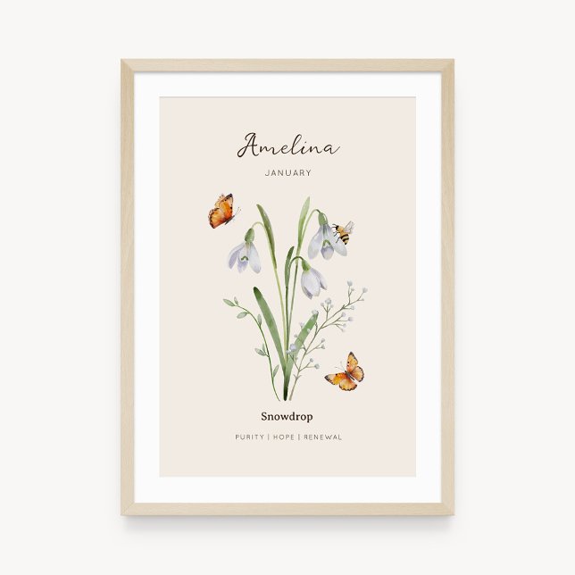 Póster de Flor del Mes de Nacimiento de la Campani (Example of snowdrop birth flower poster once framed. )