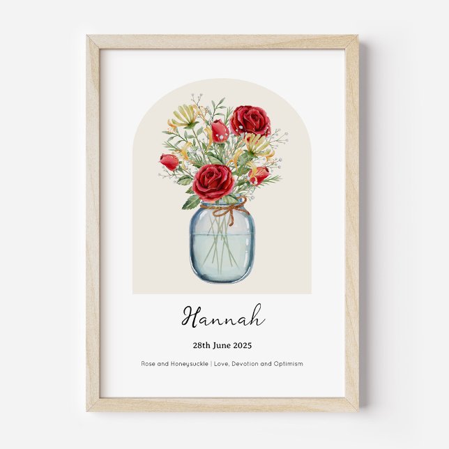 Póster de flor del mes de nacimiento de rosa y mad (Personalised June Birth Month Flower Bouquet in Vase Poster | Rose and Honeysuckle.)