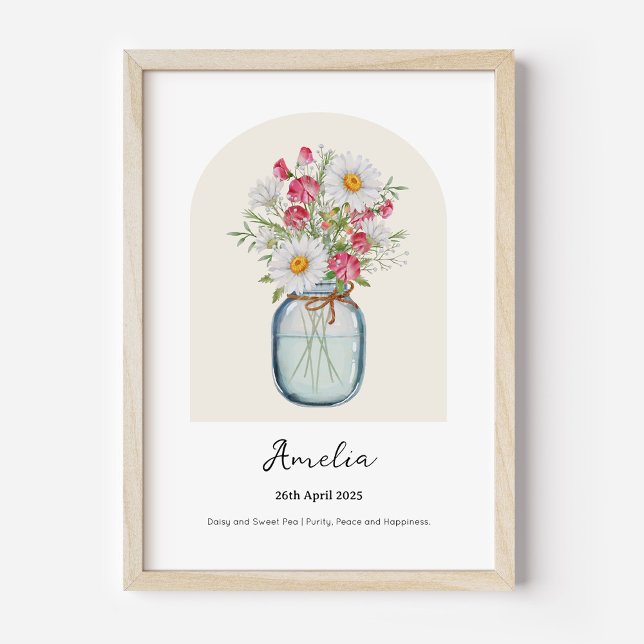 Póster de flor del mes de nacimiento de Sweet Pea  (Personalised April Birth Month Flower Bouquet in Vase Poster | Daisy and Sweet Pea.)
