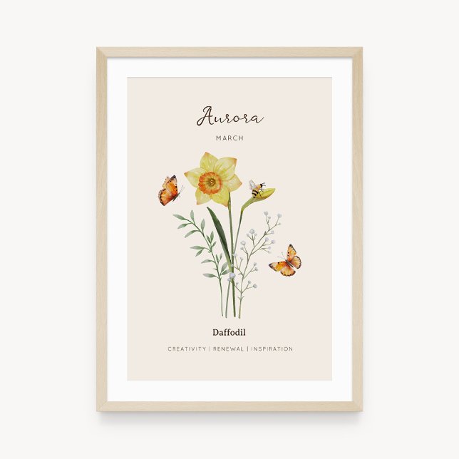 Póster de Flor del Mes de Nacimiento Narciso (Example of daffodil birth flower poster once framed. )
