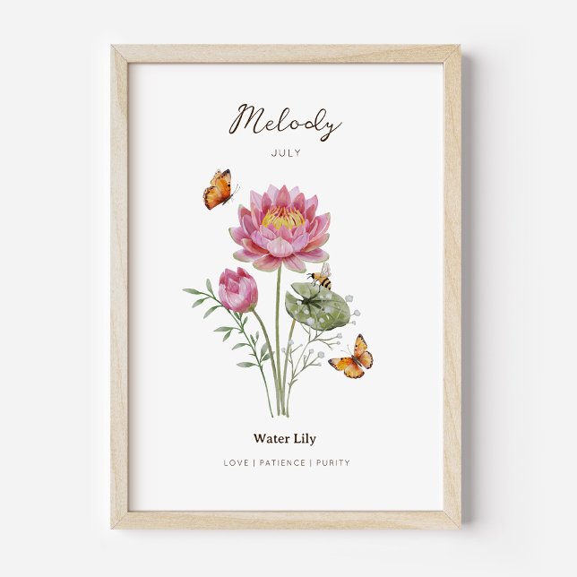 Póster de Flor del Mes de Nacimiento Nenúfar (Example of water lily birth flower poster once framed. )
