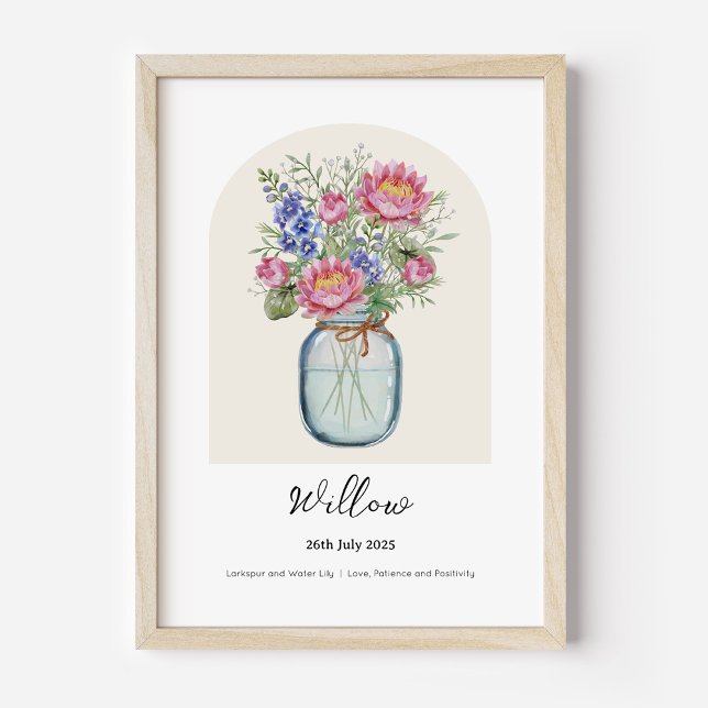 Póster de Flor del Mes de Nacimiento Nenúfar Espue (Personalised July Birth Month Flower Bouquet in Vase Poster | Larkspur and Water Lily.)