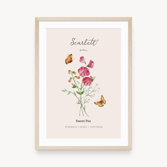 Póster de Flor del Mes de Nacimiento Sweet Pea (Example of sweet pea birth flower poster once framed. )