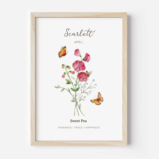 Póster de Flor del Mes de Nacimiento Sweet Pea (Example of sweet pea birth flower poster once framed. )
