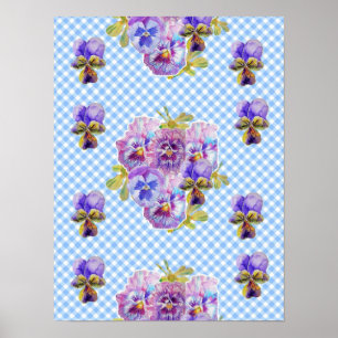 Póster de flores de pensamiento a cuadros azules e