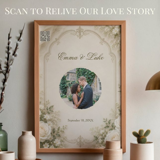 Póster de foto de boda personalizado con código QR (Personalized wedding poster with custom QR code photo sign for reception and wedding decor)