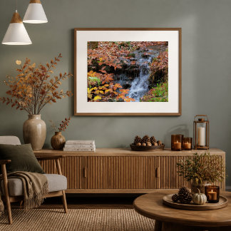 Póster de foto de hojas de otoño y cascada