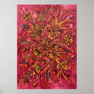 Póster de fresa floral folk rosa