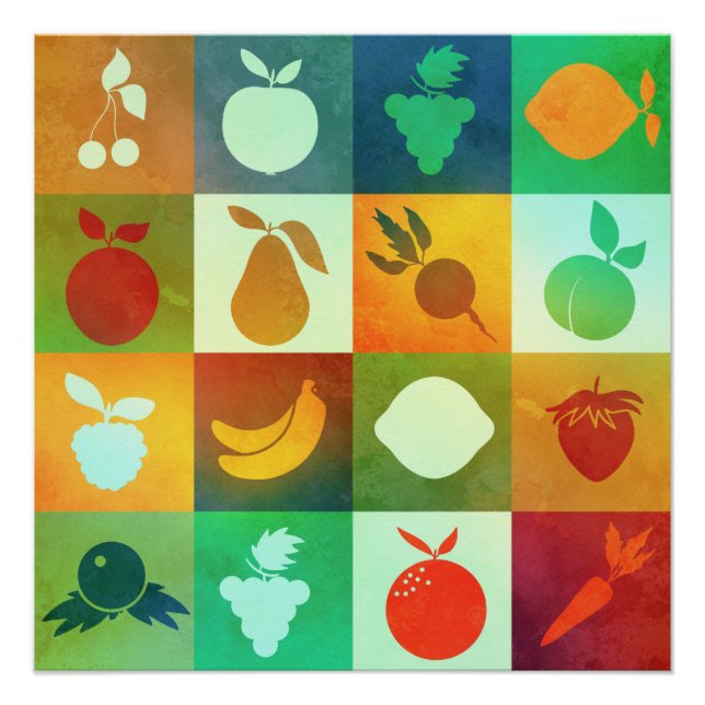 Poster de frutas y verduras de color acuático (Anverso)