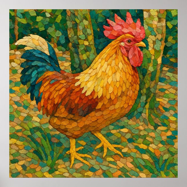 Póster de gallo japonés estilo Chigiri-e (Frente)