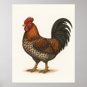 Póster de gallo vintage   Gallina de granja rústic