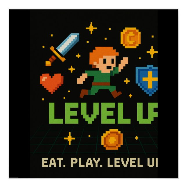 Póster de Gamer 'Level Up' – Arte de Píxeles Retro (Anverso)