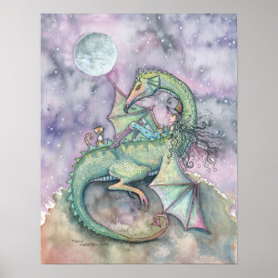 Póster de Gata Dragón Bruja que Mira la Luna