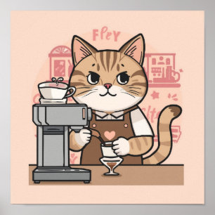 Póster de gato barista de dibujos animados acogedo