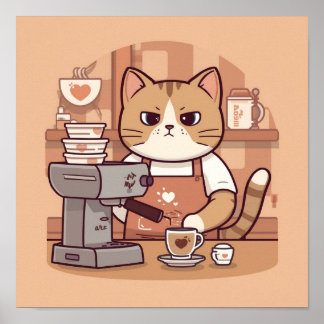 Póster de gato barista de dibujos animados acogedo