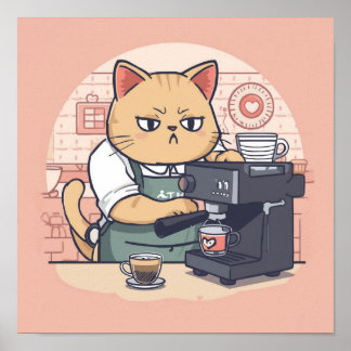 Póster de gato barista de dibujos animados acogedo