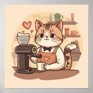Póster de gato barista de dibujos animados acogedo