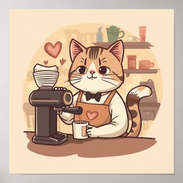 Póster de gato barista de dibujos animados acogedo (Frente)
