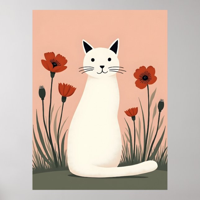 Póster de gato blanco con flores de amapola rojas (Frente)