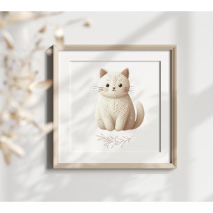 Póster de gato boho bordado gatito beige cremoso