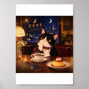 Póster de gato de Kissaten de medianoche Café re