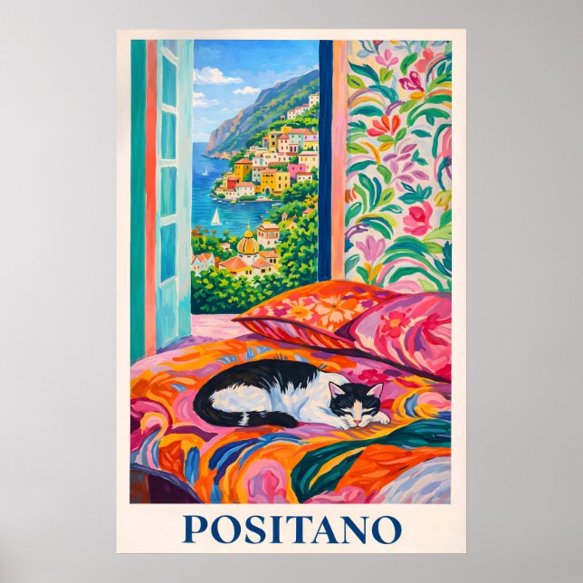 Póster de gato de Positano, vista de ventana de la (Frente)