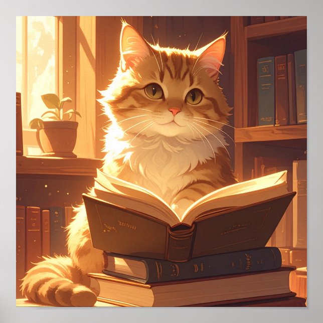 Póster de gato leyendo acogedor (Frente)