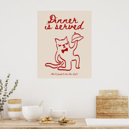 Póster de gato minimalista rojo y beige 'La cena e