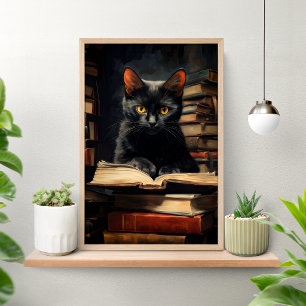 Póster de Gato Negro Adorable Leyendo un Libro