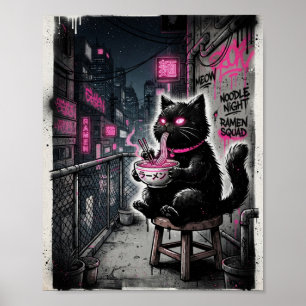 Póster de gato negro atrevido sorbiendo ramen rosa