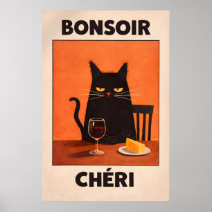 Póster de gato negro Bonsoir Chéri, queso de vino