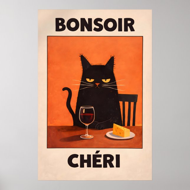 Póster de gato negro Bonsoir Chéri, queso de vino  (Frente)