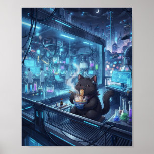 Póster de gato negro Cyberpunk sorbiendo Ramen - C