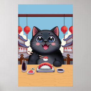 Póster de gato negro lindo comiendo sushi Japón Ka