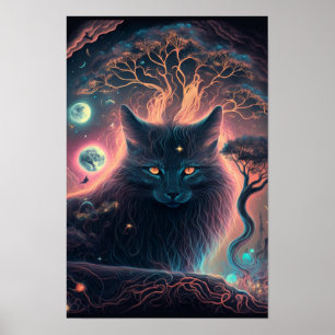 Póster de Gato Negro Místico Arte Psicodélico de