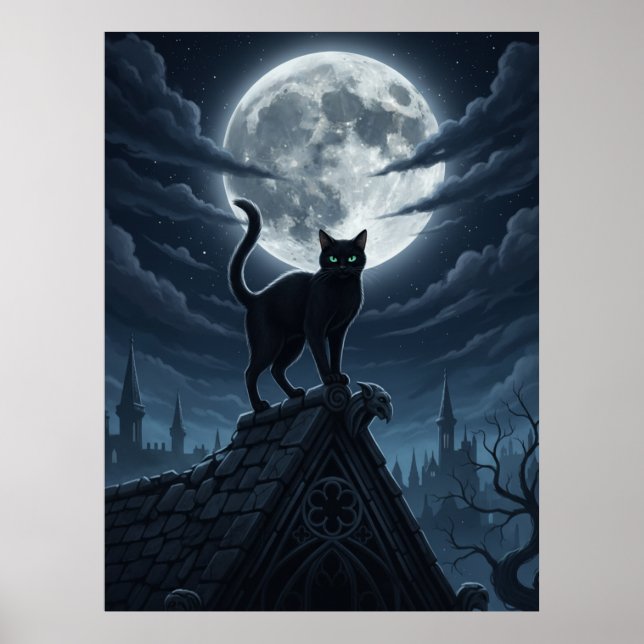 Póster de Gato Negro Precioso Sentado en las Nubes (Frente)