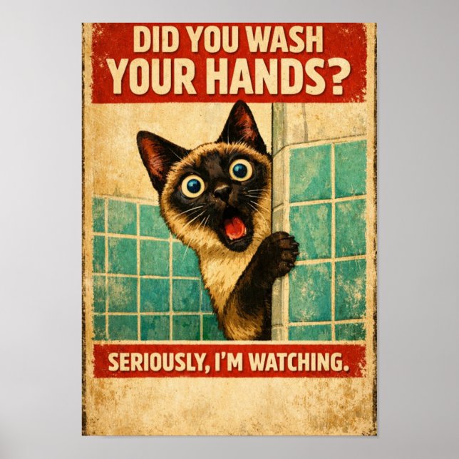 Póster de gato siamés vigilando tu higiene (Frente)
