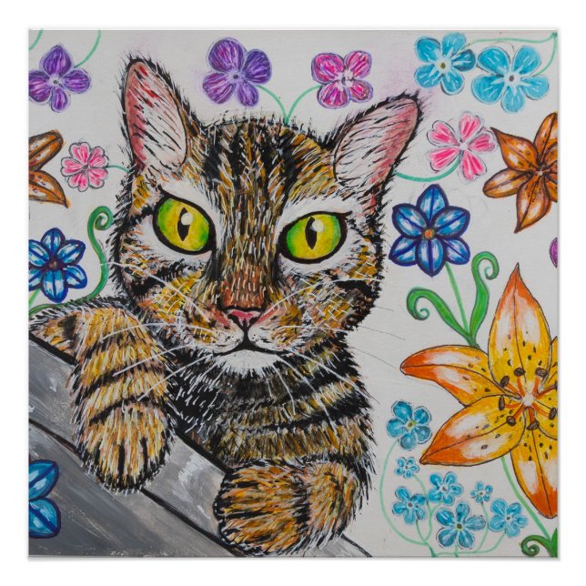 Póster de gato y fondo floral (Anverso)