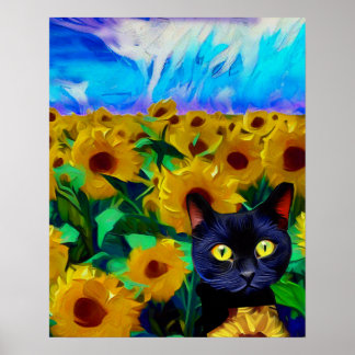 Poster de gatos, campo de girasol, arte impresioni