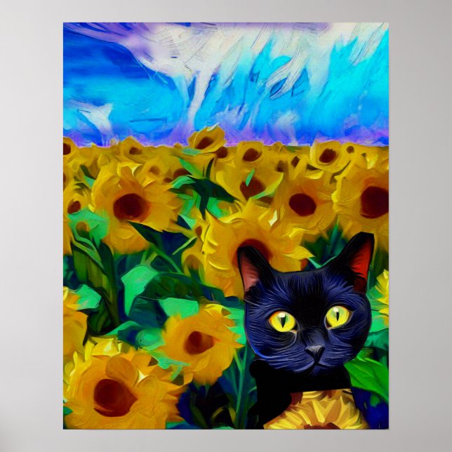 Poster de gatos, campo de girasol, arte impresioni (Frente)