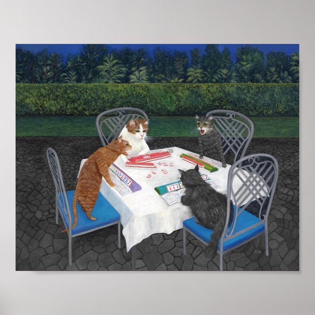Póster de Gatos Jugando Mahjong (Frente)