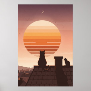 Póster de gatos viendo puesta de sol retro sobre t