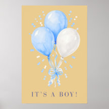 Póster de globos azules y champán suave Es un niño
