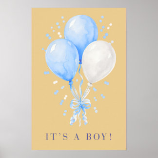 Póster de globos azules y champán suave Es un niño