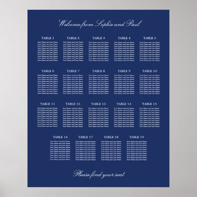Póster de gráfico de asientos de boda de 19 mesas  (Frente)