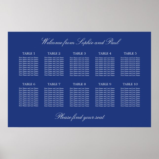 Póster de gráfico de asientos de boda de mesa 10 a (Frente)