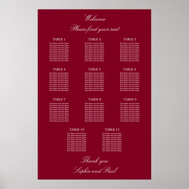 Póster de gráfico de asientos de boda de mesa 11 d (Frente)